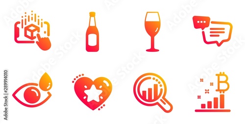 Augmented reality, Text message and Seo analysis line icons set. Ranking star, Beer and Wineglass signs. Eye drops, Bitcoin graph symbols. Phone simulation, Chat bubble. Business set. Vector
