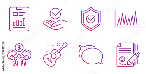 Sharing economy, Report document and Guitar line icons set. Line graph, Approved and Approved shield signs. Talk bubble, Copywriting symbols. Share, Page with charts. Education set. Vector