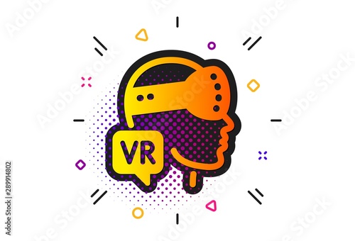 VR simulation sign. Halftone circles pattern. Augmented reality icon. Gaming headset glasses symbol. Classic flat augmented reality icon. Vector
