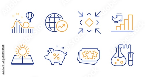 Minimize, Sun energy and Roller coaster line icons set. Loan percent, Growth chart and World statistics signs. Loyalty points, Chemistry lab symbols. Small screen, Solar panels. Vector
