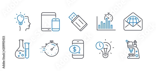 Set of Education icons, such as Idea, Usb flash, Time management, Chemistry lab, Timer, Phone payment, Report timer, Mobile devices, Web mail, Microscope line icons. Line idea icon. Vector
