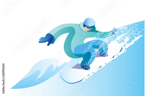 A man in a bright suit to snowboard.