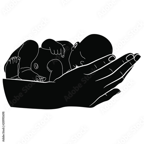 Human hand holding sleeping newborn baby. Isolated vector illustration. Black and white silhouette. 