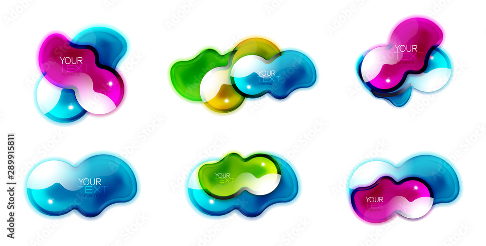 Set of abstract glossy shiny shapes. Liquid glass splash designs with sample text. Promotion web boxes, clean futuristic techno frames Set of abstract glossy shiny shapes. Liquid glass splash designs with sample text. Promotion web boxes, clean futuristic techno frames