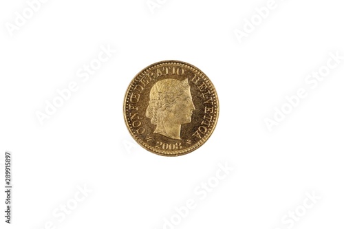A close up image of a Swiss five centimes coin isolated on a white background, shot in macro