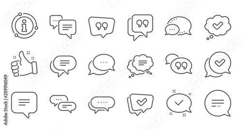 Chat and quote line icons. Approved, Checkmark box and Social media message. Chat speech bubble, Tick or check mark, Comment quote icons. Think speech bubble. Linear set. Quality line set. Vector