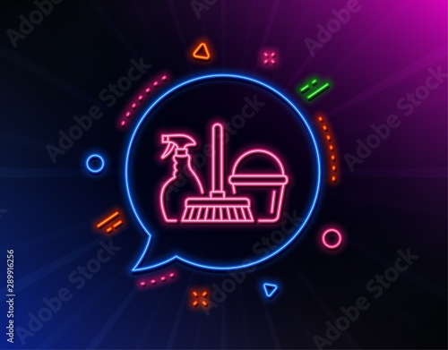 Cleaning service line icon. Neon laser lights. Spray, bucket and mop symbol. Housekeeping equipment sign. Glow laser speech bubble. Neon lights chat bubble. Vector