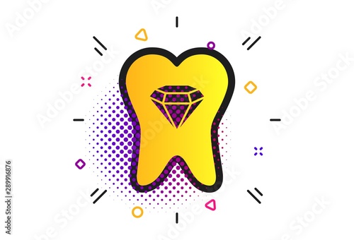 Tooth crystal icon. Halftone dots pattern. Tooth jewellery sign. Dental prestige symbol. Classic flat tooth icon. Vector