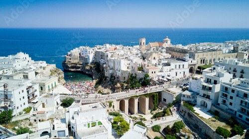 Aerial photo shooting with drone on Polignano a Mare, famous Salento city on the Mediterranean sea photo