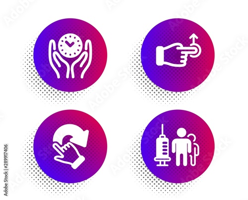 Safe time, Drag drop and Rotation gesture icons simple set. Halftone dots button. Medical vaccination sign. Management, Move, Undo. Syringe vaccine. People set. Classic flat safe time icon. Vector