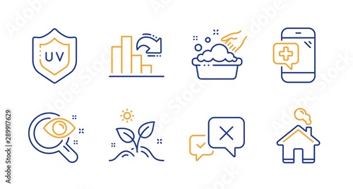 Vision test, Grow plant and Hand washing line icons set. Uv protection, Decreasing graph and Medical phone signs. Reject, Home symbols. Eyesight check, Leaves. Business set. Vector