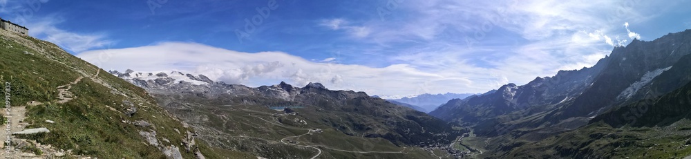 Panoramic view in the mountains  - Landscape in the mountains -  Monte Cervino - Matterhorn mountains at Rifugio Duca degli Abruzzi L`Orionde, in Breuil-Cervinia, Italy