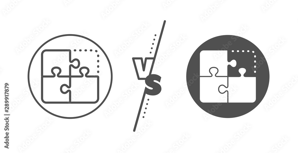 Engineering strategy sign. Versus concept. Puzzle line icon. Line vs classic puzzle icon. Vector Engineering strategy sign. Versus concept. Puzzle line icon. Line vs classic puzzle icon. Vector