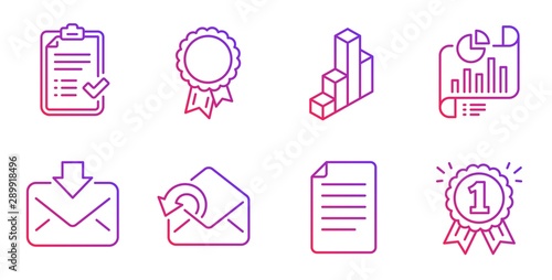 3d chart, Send mail and File line icons set. Success, Approved checklist and Incoming mail signs. Report document, Reward symbols. Presentation column, Sent message. Education set. Vector