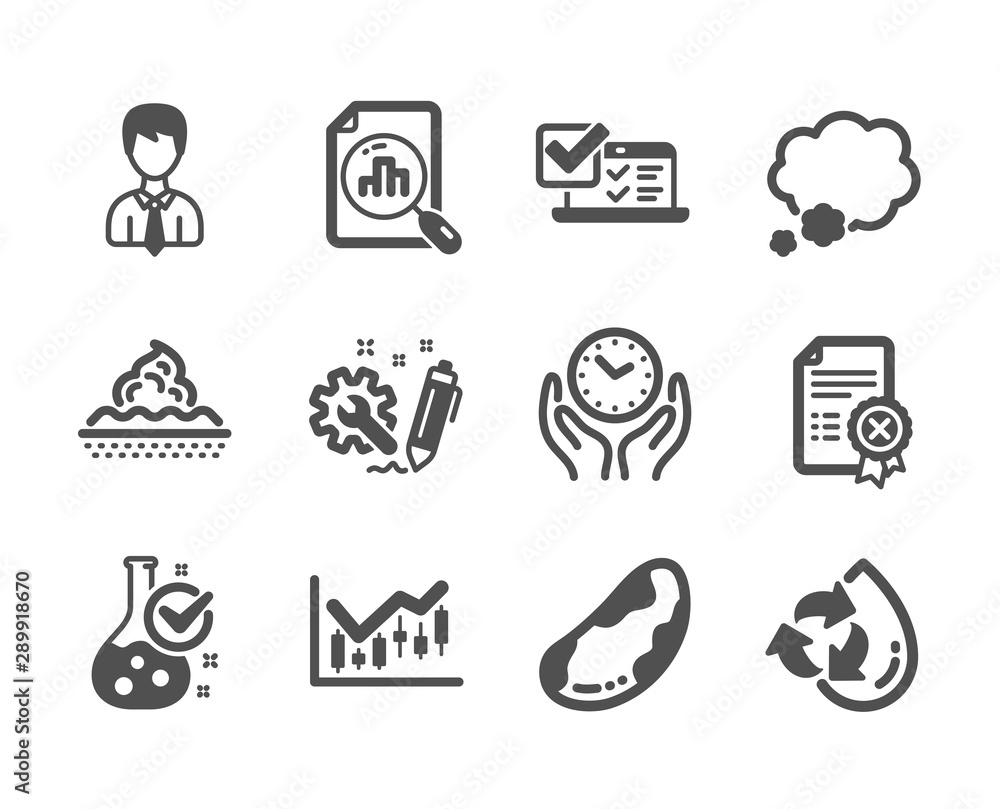 Set of Business icons, such as Brazil nut, Recycle water, Chemistry lab, Reject certificate, Safe time, Skin care, Financial diagram, Engineering, Businessman, Online survey, Talk bubble. Vector Set of Business icons, such as Brazil nut, Recycle water, Chemistry lab, Reject certificate, Safe time, Skin care, Financial diagram, Engineering, Businessman, Online survey, Talk bubble. Vector