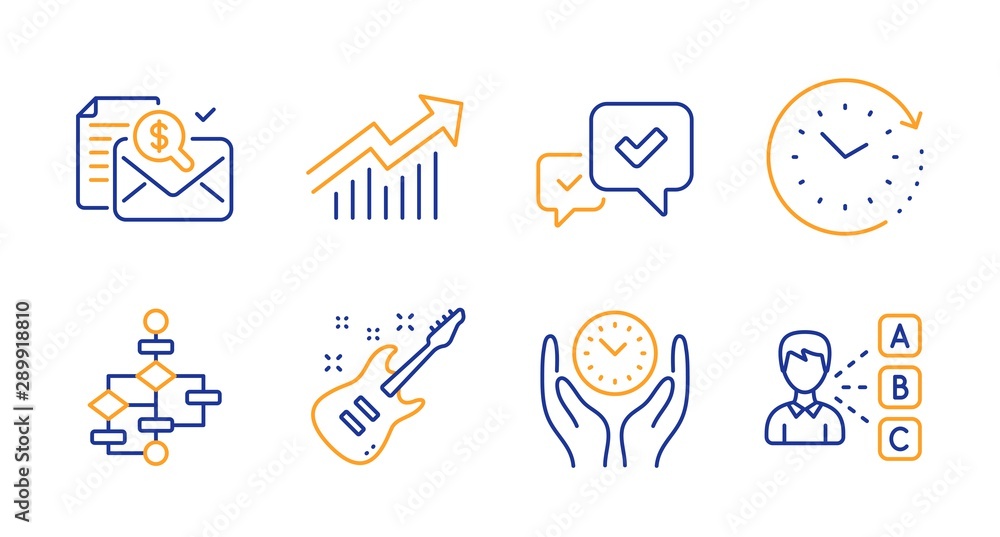 Fototapeta premium Electric guitar, Block diagram and Demand curve line icons set. Safe time, Accounting report and Approve signs. Time change, Opinion symbols. Musical instrument, Algorithm path. Vector