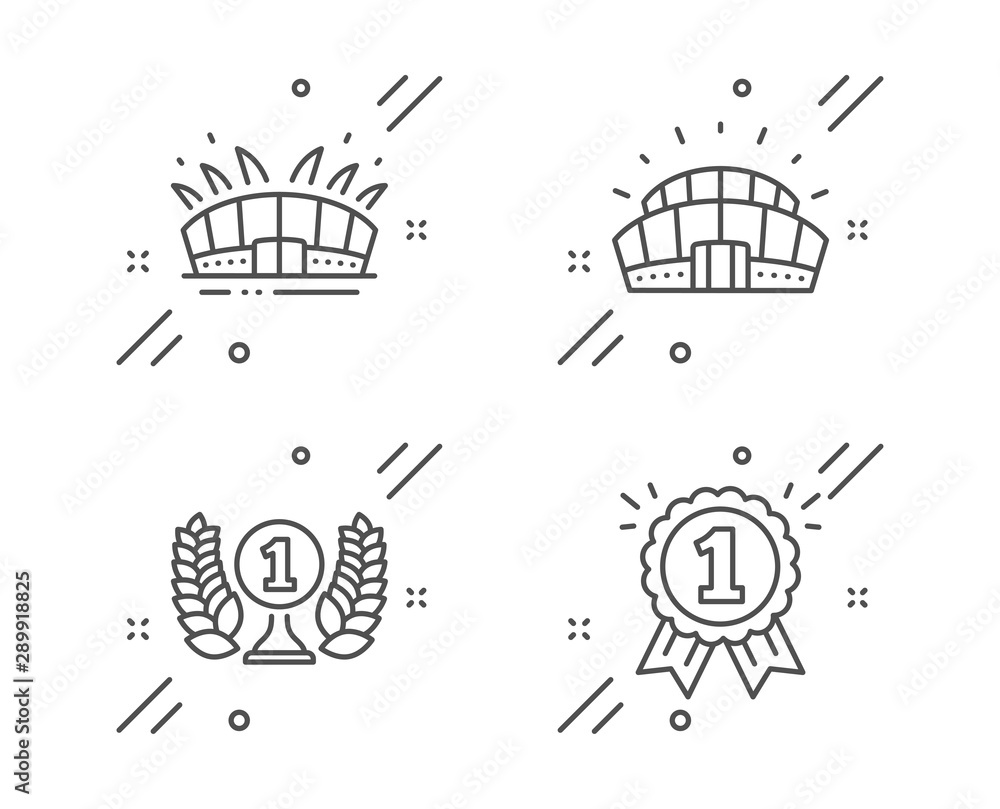 Sports stadium, Arena stadium and Laureate award line icons set. Reward sign. Championship arena, Sport complex, Prize. First place. Sports set. Line sports stadium outline icon. Vector