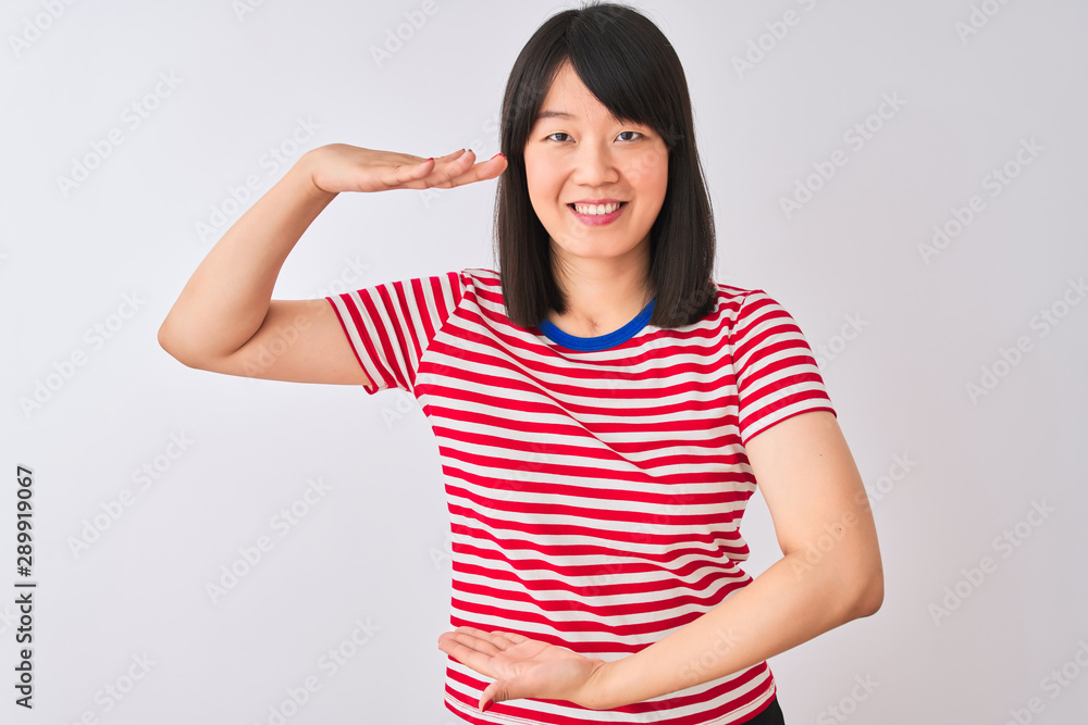 Young beautiful chinese woman wearing red striped t-shirt over isolated white background gesturing with hands showing big and large size sign, measure symbol. Smiling looking at the camera. Young beautiful chinese woman wearing red striped t-shirt over isolated white background gesturing with hands showing big and large size sign, measure symbol. Smiling looking at the camera.