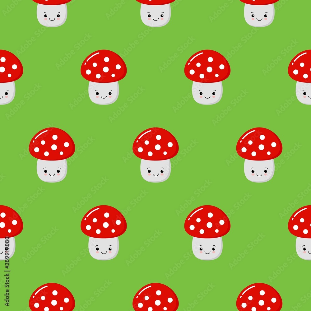 Cartoon Amanita muscaria fly agaric mushroom seamless pattern. Wild forest cute mushrooms vector illustration. Cartoon Amanita muscaria fly agaric mushroom seamless pattern. Wild forest cute mushrooms vector illustration.