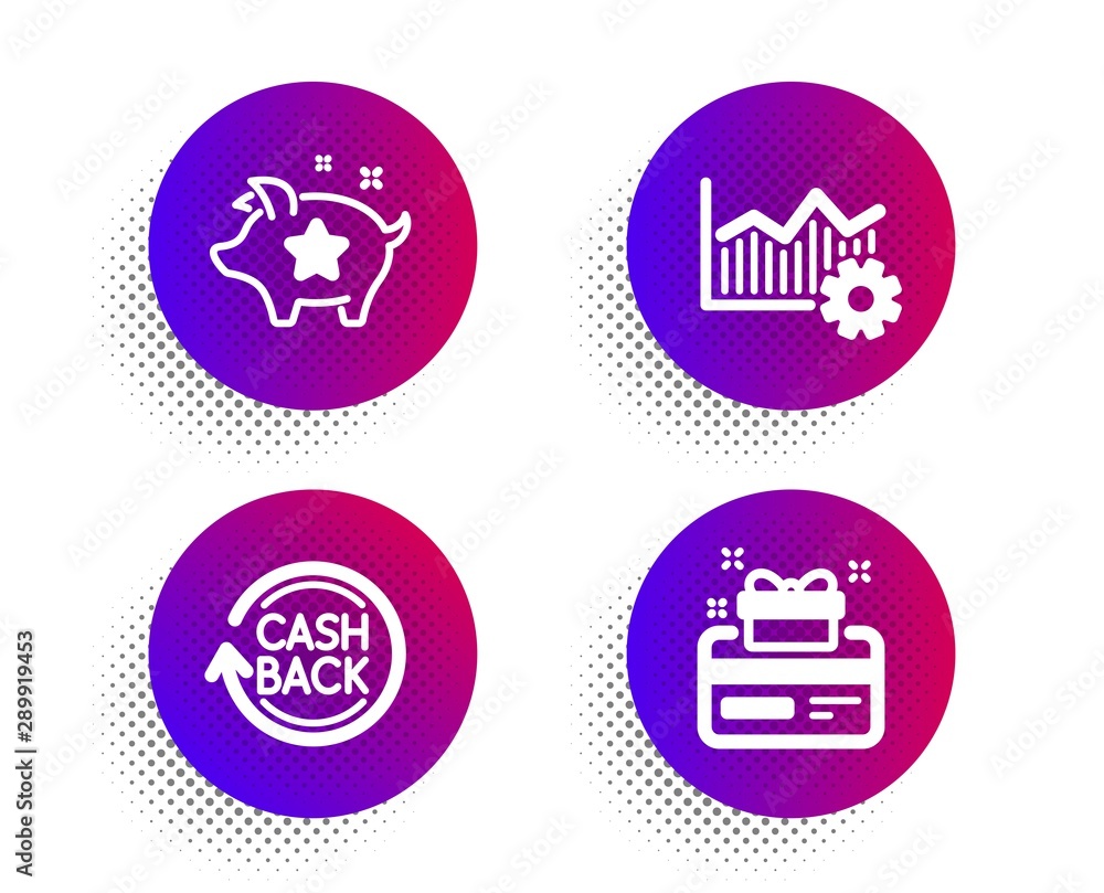 Loyalty points, Operational excellence and Cashback icons simple set. Halftone dots button. Loyalty card sign. Piggy bank, Corporate business, Refund commission. Bonus points. Finance set. Vector