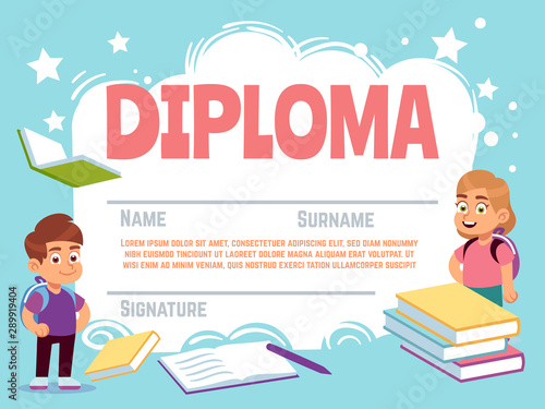 Kids diploma. Fun children celebrating certificate with characters for kindergarten preschool or school vector cartoon template