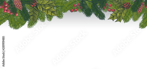Xmas seamless green border. Christmas decoration frame with pine branches and red berries mistletoe vector seamless pattern