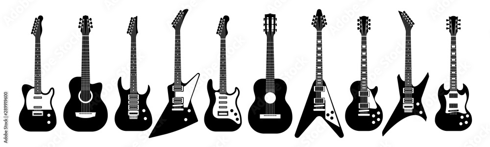 Fototapeta Czarno-białe gitary. Gitara akustyczna i elektryczna zarys instrumentów muzycznych Wektor na białym tle zestaw