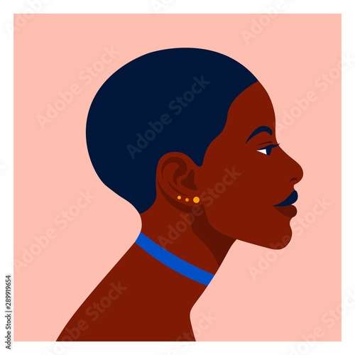 Profile of a cheerful African woman. The girl's face is on the side. Vector flat illustration
