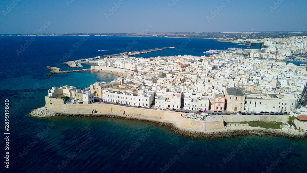 Aerial photo shooting with drone on Gallipoli, famous Salento city on the Mediterranean sea