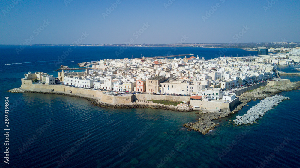 Aerial photo shooting with drone on Gallipoli, famous Salento city on the Mediterranean sea