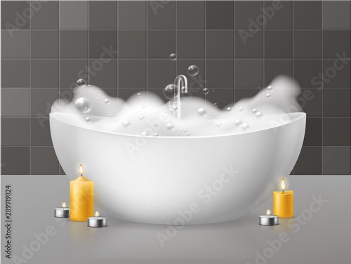 Bath with foam. Relaxing bath with soap bubbles foaming, bubbly bathtub in luxurious bathroom and burning candles. Vector concept