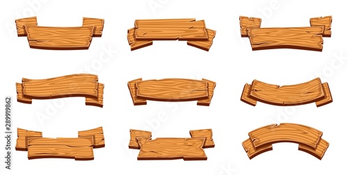 Wooden banners. Rustic signboards, vintage textured blank boards. Billboard with plywood texture for ranch, cartoon wood vector labels