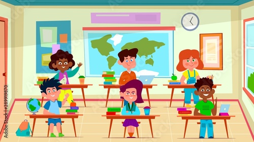 Kids in classroom. Primary school happy children boys and girls on lesson learning knowledges in class interior. Flat vector concept