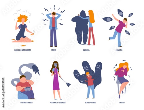 Psychiatric illness. Mental disorders, paranoia and panic, bulimia and stress. Anxiety and anorexia psychic diseases vector set photo