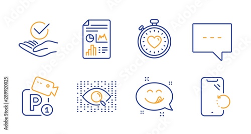 Approved, Blog and Parking security line icons set. Report document, Heartbeat timer and Yummy smile signs. Artificial intelligence, Smartphone recovery symbols. Line approved icon. Vector