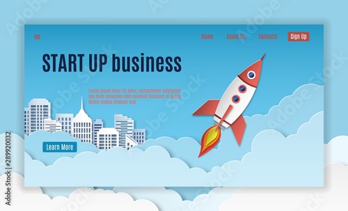 Startup landing. Mobil interface template of creative company project starting page vector website concept with rocket start