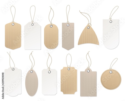 Paper hanging labels. Vintage blank craft organic white and brown price label tag vecor design template set for shop