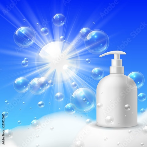 Foaming wash brand. Clean bubble foam for bathroom and clinic antibacterial hygiene cosmetic vector advertising label template