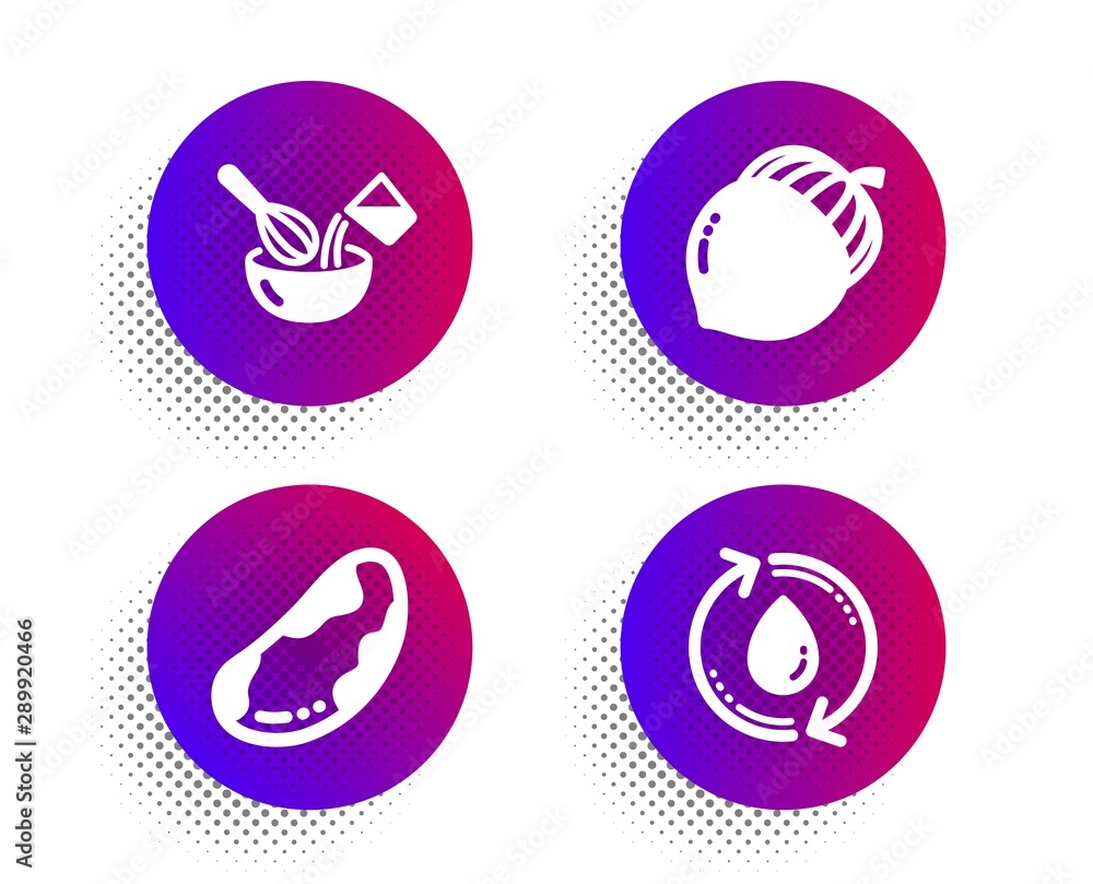 Brazil nut, Acorn and Cooking whisk icons simple set. Halftone dots button. Refill water sign. Vegetarian, Oaknut, Cutlery. Recycle aqua. Food and drink set. Classic flat brazil nut icon. Vector
