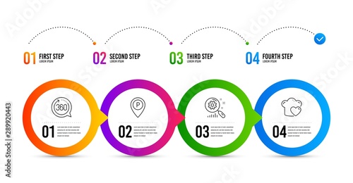 360 degrees, Search statistics and Parking line icons set. Timeline infographic. Love cooking sign. Full rotation, Analysis, Park pointer. Chef hat. Business set. 360 degrees icon. Vector