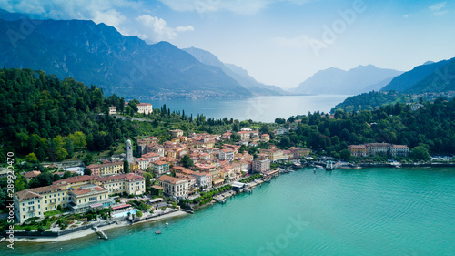 Aerial photo shooting with drone on Bellagio, famous Lombardia city on the Como Lario Lake