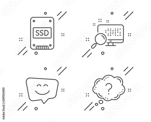 Ssd, Search and Smile face line icons set. Question mark sign. Solid-state drive, Find file, Chat. Quiz chat. Business set. Line ssd outline icon. Vector