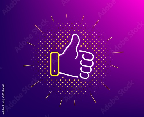 Like hand line icon. Halftone pattern. Thumbs up finger sign. Gesture symbol. Gradient background. Like hand line icon. Yellow halftone pattern. Vector