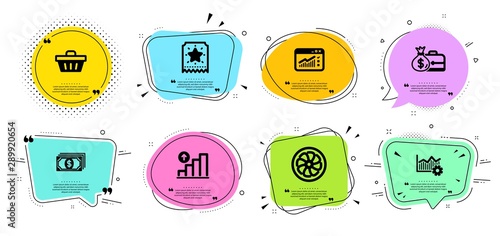 Salary, Web traffic and Shopping basket line icons set. Chat bubbles with quotes. Operational excellence, Loyalty ticket and Fan engine signs. Payment, Graph chart symbols. Vector