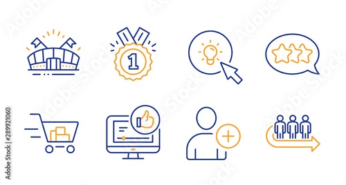 Like video, Stars and Add user line icons set. Sports arena, Shopping cart and Approved signs. Energy, Queue symbols. Thumbs up, Customer feedback. Business set. Line like video icon. Vector