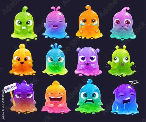 Little cute cartoon colorful glitter slime characters set.