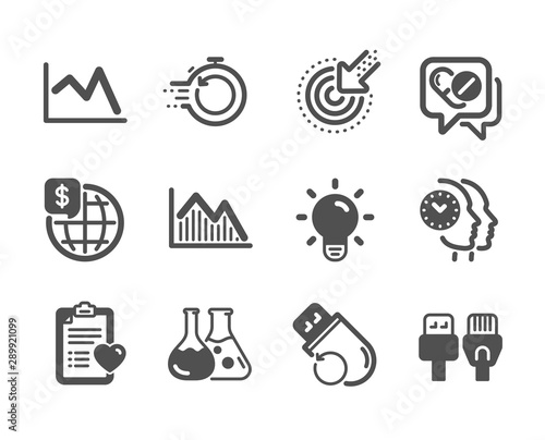 Set of Science icons, such as World money, Time management, Light bulb, Medical drugs, Patient history, Chemistry lab, Line chart, Flash memory, Fast recovery, Investment graph, Targeting. Vector