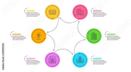 Arena stadium, Skyscraper buildings and Lighthouse signs. Infographic timeline. Buildings, Hotel and Hospital building line icons set. City architecture, Travel, Medical help. Sport complex. Vector