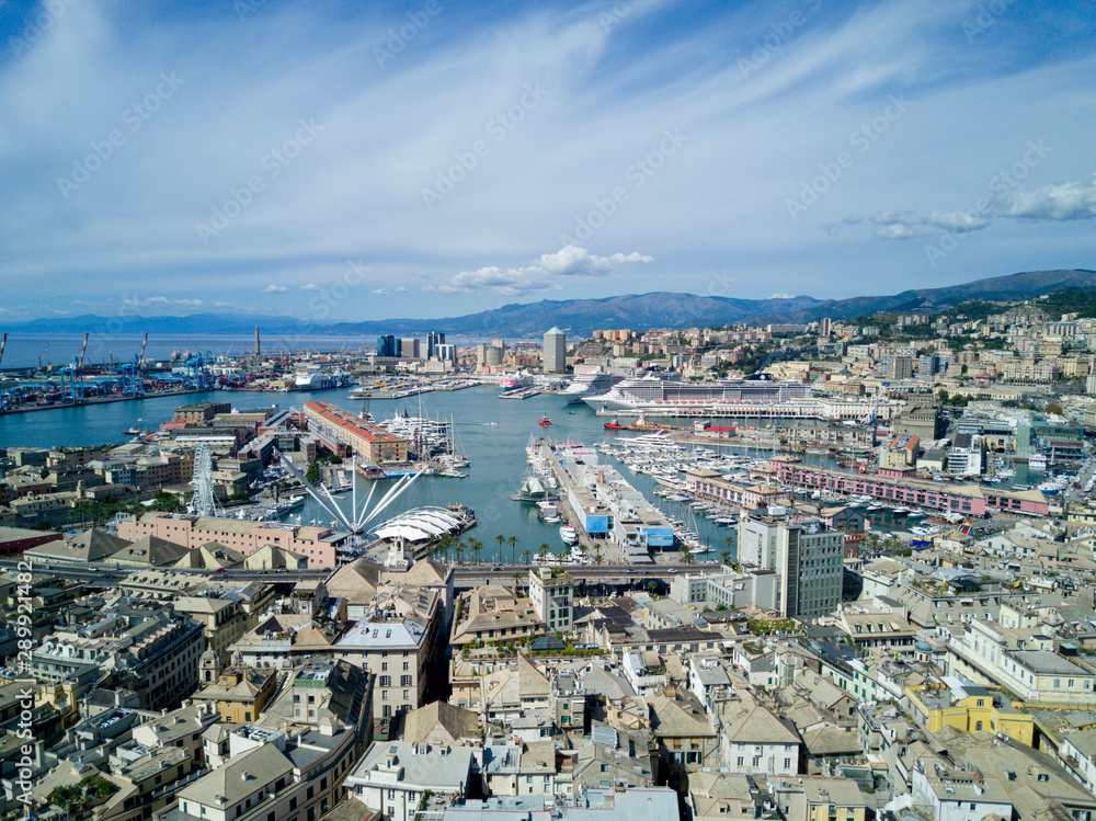 Aerial photo shooting with drone of Genova, a famous Italy city, important hub of maritime trade and tourist art