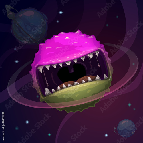 Cartoon fantasy monster planet with giant scary mouth on cosmic background.